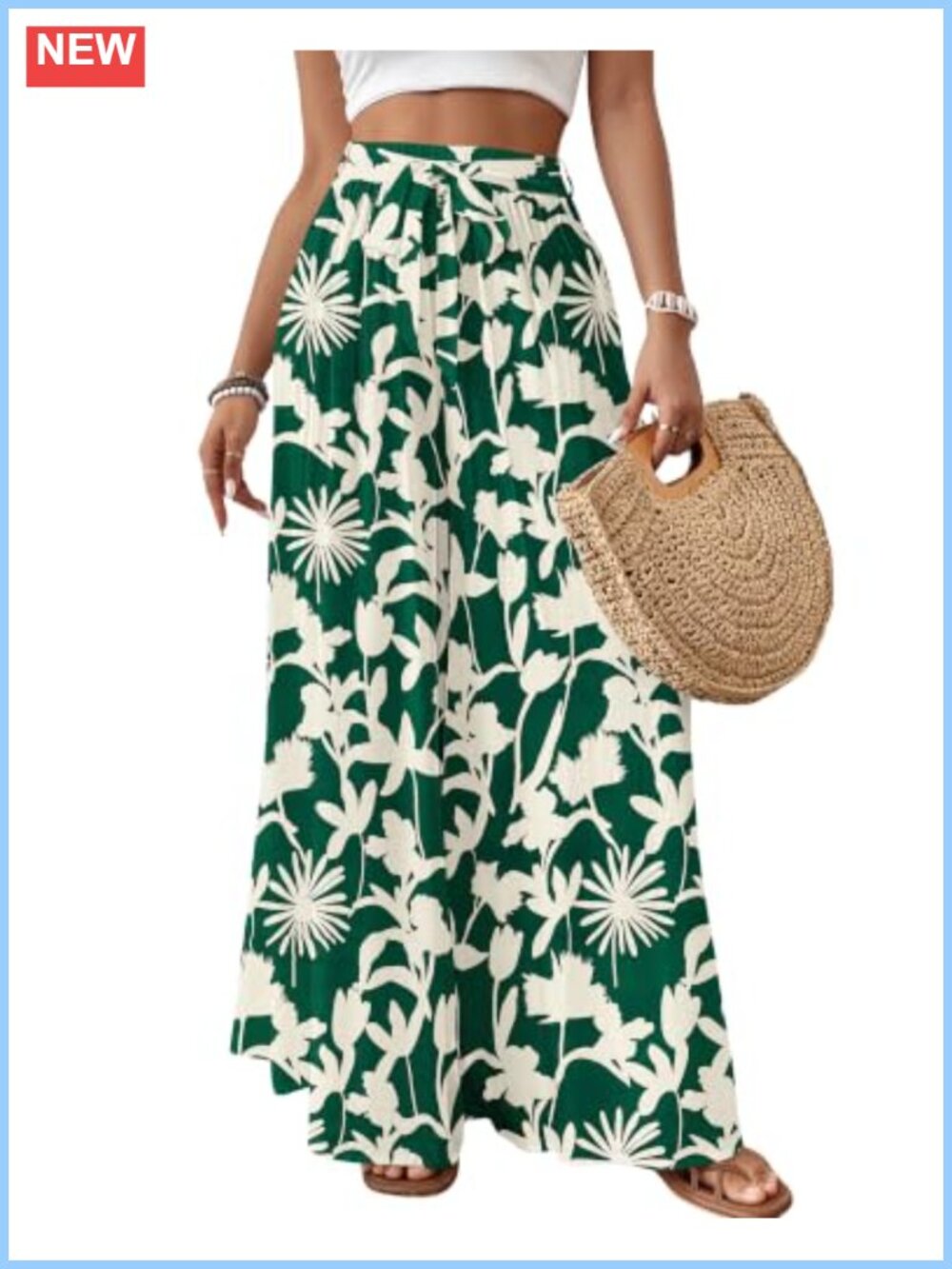 Wide Leg Flowy Palazzo Pants Floral Elastic High Waist Belted